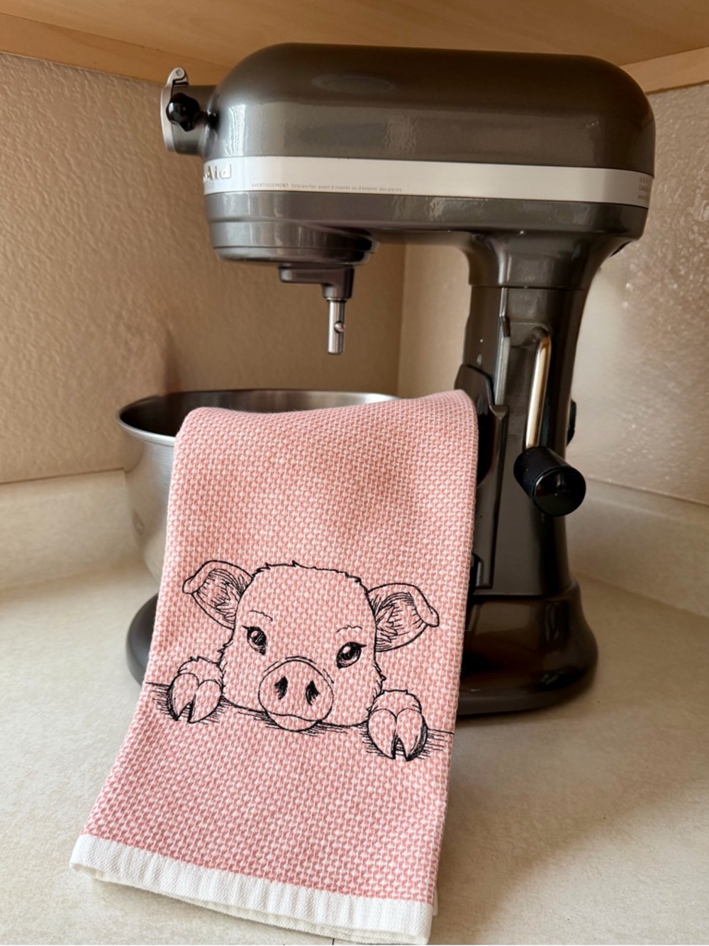 Peeking Pig Embroidered Kitchen Towel